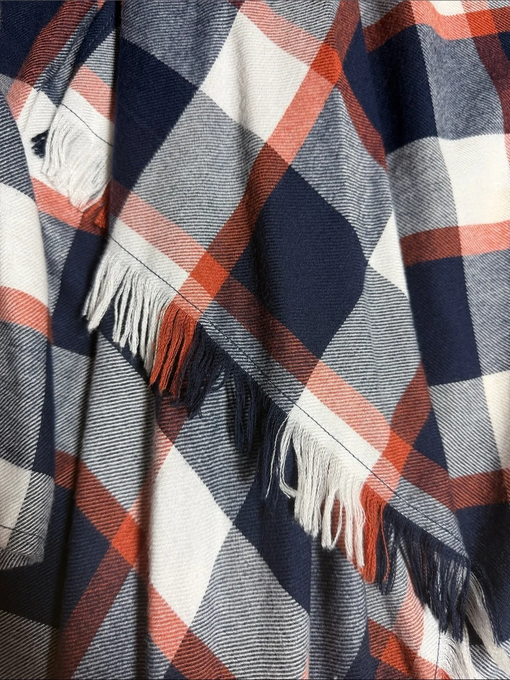 Maurices Navy White and Rust Plaid Fringe Open Poncho